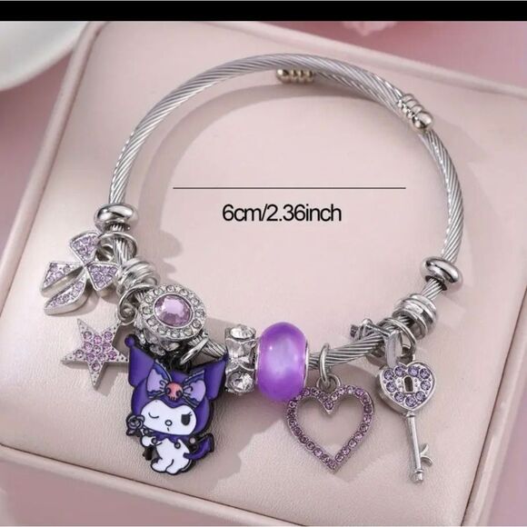 Sanrio Hello Kitty KUROMI Charm Pendant Silver & Purple Tone Bangle Bracelet - Picture 2 of 5